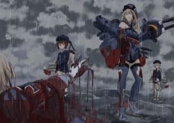 Rule 34 | 10s, 4girls, armband, bismarck (kancolle), bleeding, blonde hair, blood, blood on clothes, blood on face, brown hair, cannon, cloud, cross, dark clouds, dress, from behind, gun, hat, holding own arm, i guitar ppei, injury, iron cross, kantai collection, long hair, looking down, machinery, multiple girls, ocean, outstretched arm, outstretched hand, prinz eugen (kancolle), rain, reaching, sailor dress, short hair, standing, standing on liquid, thighhighs, torn clothes, torn legwear, torpedo, turret, uniform, water, weapon, z1 leberecht maass (kancolle), z3 max schultz (kancolle)