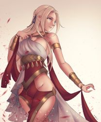 Rule 34 | 1girl, alternate costume, arabian clothes, ark ford, armband, bare shoulders, blue eyes, breasts, choker, cleavage, closed mouth, commentary, dancer, dancer (fire emblem: three houses), edelgard von hresvelg, english commentary, fire emblem, fire emblem: three houses, hair ribbon, highres, large breasts, long hair, nintendo, pink hair, revealing clothes, ribbon, sidelocks, solo, tan background, thighs, wristband