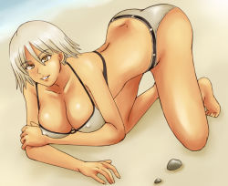Rule 34 | 1girl, ass, beach, bikini, breasts, christie (doa), cleavage, cross-eyed, dead or alive, large breasts, momo 765, rirakukan, smile, solo, swimsuit, tecmo, white hair, yellow eyes