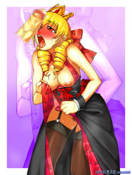 Rule 34 | 1girl, aozoraichi, blonde hair, breasts, breasts out, censored, clothes lift, crown, dress, dress lift, drill hair, garter straps, inverted nipples, large breasts, nipples, open mouth, penis, pubic hair, red eyes, rose bernstein, snk, sweat, the king of fighters, thighhighs, tongue, zoom layer