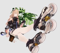 Rule 34 | 1girl, blonde hair, cellphone, commentary, cup, disposable cup, english commentary, fern, full body, goggles, goggles around neck, grey background, headgear, highres, holding, holding phone, inline skates, jacket, legs, lin+, long hair, looking away, original, phone, plant, potted plant, roller skates, simple background, skates, solo