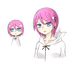 Rule 34 | 1girl, blue eyes, digimon, female focus, looking at viewer, mon (digimon rearise), pink hair, short hair, simple background, solo, white background