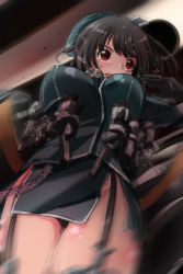 Rule 34 | &gt;:d, 10s, 1girl, :d, black hair, blurry, gradient background, hat, highres, kantai collection, machinery, military, military uniform, open mouth, red eyes, short hair, smile, solo, takao (kancolle), thighhighs, tsukineko, uniform, v-shaped eyebrows