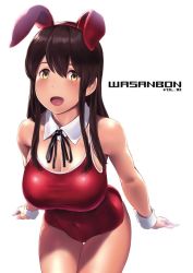 Rule 34 | 1girl, akagi (kancolle), animal ears, black hair, black ribbon, breasts, brown eyes, cleavage, competition school swimsuit, covered navel, cowboy shot, detached collar, kantai collection, large breasts, long hair, looking at viewer, one-piece swimsuit, open mouth, playboy bunny swimsuit, rabbit ears, red one-piece swimsuit, ribbon, school swimsuit, simple background, smile, solo, straight hair, swimsuit, thigh gap, wa (genryusui), white background, wrist cuffs
