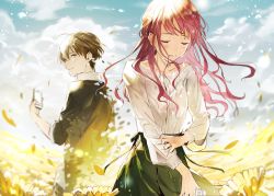 Rule 34 | 1boy, 1girl, black jacket, brown hair, cellphone, cloud, cloudy sky, comic, crying, day, closed eyes, field, floating hair, flower, flower field, flower garden, g.g.lemon, green ribbon, hair between eyes, highres, holding, holding phone, jacket, long hair, looking back, open clothes, open jacket, original, outdoors, phone, red hair, ribbon, shirt, skirt, sky, sleeves rolled up, smartphone, smile, tears, white shirt, yellow flower