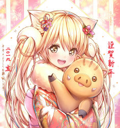 Rule 34 | 1girl, :d, animal ear fluff, animal ears, artist name, blonde hair, blush, boar, brown eyes, catbell, chinese zodiac, head tilt, highres, japanese clothes, kimono, long hair, looking at viewer, open mouth, original, signature, smile, star (symbol), translation request, twintails, upper body, year of the pig