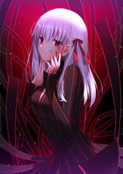 Rule 34 | 1girl, absurdres, bad id, bad pixiv id, black dress, breasts, commentary request, dark persona, dark sakura, dress, fate/stay night, fate (series), hair between eyes, hair ribbon, highres, large breasts, long hair, looking at viewer, matou sakura, okakasushi, red dress, red eyes, ribbon, sleeves past wrists, solo, striped clothes, striped dress, white hair