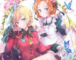 Rule 34 | 2girls, alternate costume, blonde hair, blue eyes, blush, bug, butterfly, closed mouth, clothes lift, commentary request, crown, cup, darjeeling (girls und panzer), dress, dress lift, emblem, enmaided, flower, girls und panzer, insect, jewelry, lifted by self, long sleeves, looking at viewer, maid, multiple girls, necklace, orange hair, orange pekoe (girls und panzer), pulp piroshi, short hair, sitting, smile, st. gloriana&#039;s (emblem), st. gloriana&#039;s military uniform, tea, teacup, teapot, white dress