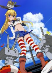 Rule 34 | &gt; &lt;, 10s, 1girl, :p, akanbe, black panties, blonde hair, blue eyes, blush, boots, closed eyes, cloud, colorized, day, elbow gloves, eyelid pull, gloves, hairband, highleg, kantai collection, lifebuoy, long hair, looking at viewer, midriff, mochida (kokomo), musical note, navel, ocean, panties, personification, quaver, rensouhou-chan, shimakaze (kancolle), skirt, sky, striped clothes, striped thighhighs, swim ring, thighhighs, tongue, tongue out, underwear