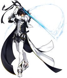Rule 34 | 1boy, armor, artist request, black hair, buckle, coat, elsword, full body, fur trim, furious blade (elsword), gloves, highres, holding, holding sword, holding weapon, looking at viewer, male focus, official art, pants, raven cronwell, shoes, solo, standing, sword, transparent background, weapon, white coat, white footwear, white pants, yellow eyes