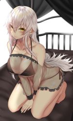 Rule 34 | 1girl, all fours, bed, bed sheet, bikini, black bikini, blush, breasts, canopy bed, cleavage, collarbone, highres, large breasts, long hair, looking at viewer, onineko-chan, original, see-through, silver hair, solo, swimsuit, v arms, yellow eyes