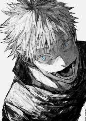 Rule 34 | 1boy, :d, blue eyes, crazy smile, gojou satoru, greyscale, highres, jacket, jujutsu kaisen, kuwoniagyu11112, looking at viewer, male focus, monochrome, open mouth, short hair, simple background, smile, solo, spot color, twitter username, upper body