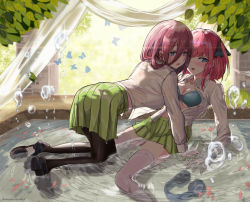 Rule 34 | 2girls, all fours, black footwear, black legwear, blue eyes, blush, bra, breasts, brown hair, bug, butterfly, cherry blossoms, cleavage, collared shirt, dress shirt, go-toubun no hanayome, green skirt, hair ribbon, headphones, headphones removed, heart, heart-shaped pupils, highres, hmax, incest, insect, lying, medium breasts, multiple girls, nail polish, nakano miku, nakano nino, on back, open mouth, pantyhose, partially submerged, pink hair, pleated skirt, ribbon, see-through, shirt, short hair, siblings, sisters, skirt, symbol-shaped pupils, thighhighs, thighs, twincest, twins, underwear, uniform, water, water drop, wet, wet clothes, white shirt, yuri
