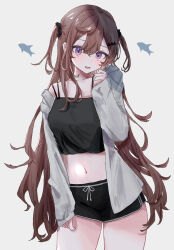 Rule 34 | 1girl, black camisole, black scrunchie, black shorts, brown hair, camisole, cowboy shot, dolphin shorts, grey background, grey jacket, hair ornament, hair scrunchie, highres, hood, hooded jacket, jacket, kohaku sogo, long hair, midriff, multi-strapped camisole, navel, open clothes, open jacket, open mouth, original, purple eyes, scrunchie, shorts, simple background, single bare shoulder, smile, solo, two side up, very long hair, white background