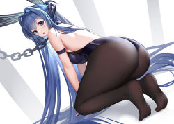 Rule 34 | 1girl, absurdly long hair, animal ears, ass, azur lane, bare back, bare shoulders, black leotard, black pantyhose, blue eyes, blue hair, breasts, chain, chained, fake animal ears, from behind, full body, hair intakes, headgear, highres, hong bai, large breasts, leotard, long hair, looking at viewer, looking back, new jersey (azur lane), new jersey (exhilarating steps!) (azur lane), official alternate costume, pantyhose, playboy bunny, rabbit ears, simple background, soles, solo, thighs, very long hair