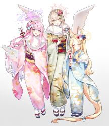 Rule 34 | 3girls, alternate costume, angel wings, animal ears, doodle sensei (blue archive), arrow (projectile), blonde hair, blue archive, blue kimono, blush, brown eyes, crescent, crescent pin, ema, flower, fox ears, fox tail, green kimono, hair bun, hair flower, hair ornament, halo, hamaya, highres, japanese clothes, kimono, light brown hair, long hair, looking at viewer, mika (blue archive), multiple girls, nagisa (blue archive), open mouth, picter, pink flower, pink hair, pink halo, pink kimono, seia (blue archive), sensei (blue archive), single side bun, smile, socks, tabi, tail, tea party (blue archive), very long hair, white socks, white wings, wing decorations, wings, yellow eyes, yellow halo
