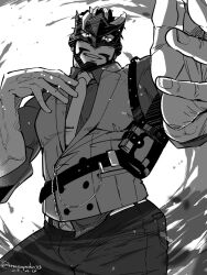 Rule 34 | 1boy, bara, beard, belt, facial hair, greyscale, hand up, highres, large pectorals, looking at viewer, male focus, masapeko, mature male, monochrome, muscular, muscular male, necktie, oscar (housamo), outstretched arm, pectorals, shirt, short hair, solo, tokyo houkago summoners, veins, veiny arms, vest