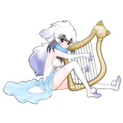 Rule 34 | 10s, 1girl, animal ears, bare shoulders, black hair, elbow gloves, extra ears, from side, full body, fur collar, gloves, gradient hair, grey hair, harp, harp seal (kemono friends), instrument, ise (0425), kemono friends, leotard, long hair, looking at viewer, multicolored hair, pom pom (clothes), simple background, sitting, solo, tail, thick eyebrows, thighhighs, white background, white gloves, white hair, white thighhighs