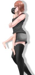 Rule 34 | 1boy, 1girl, absurdres, black shirt, black thighhighs, blouse, carrying, giant, giantess, highres, kiss, original, shared clothes, shirt, size difference, skirt, soryuu4, tall female, thighhighs