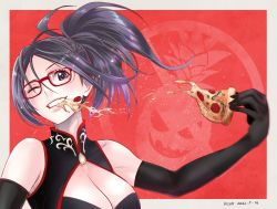 Rule 34 | 1girl, black gloves, breasts, cleavage, cleavage cutout, clothing cutout, commentary, daikou-chan, eating, elbow gloves, english commentary, food, glasses, gloves, hair between eyes, highres, holding, holding food, holding pizza, indie virtual youtuber, kivo, kson, medium breasts, mole, mole under eye, one eye closed, pizza, purple eyes, solo, virtual youtuber