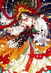 Rule 34 | 1girl, arm tattoo, bead necklace, beads, black hair, black kimono, blue background, body markings, breast tattoo, breasts, closed mouth, commentary, confetti, crown, detached sleeves, facial mark, fate/grand order, fate (series), hair between eyes, halo, highres, himiko (fate), himiko (third ascension) (fate), izumi minami, japanese clothes, jewelry, kimono, large breasts, long hair, long hair between eyes, long sleeves, looking at viewer, magatama, magatama necklace, multicolored clothes, multicolored kimono, necklace, orange kimono, outstretched arms, parted bangs, red ribbon, ribbon, side slit, sideboob, smile, solo, tattoo, very long hair, white kimono, white sleeves, wide sleeves, yellow eyes