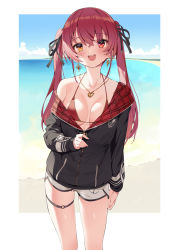 Rule 34 | 1girl, :d, anchor symbol, beach, bikini, bikini under clothes, black jacket, black ribbon, blue sky, blush, breasts, cleavage, cloud, cloudy sky, commentary, cowboy shot, day, earrings, hair between eyes, hair ribbon, halterneck, hana mori, heart, heart earrings, heart necklace, heterochromia, highres, hololive, houshou marine, houshou marine (summer), jacket, jewelry, long hair, long sleeves, looking at viewer, medium breasts, necklace, o-ring, o-ring thigh strap, ocean, off shoulder, official alternate costume, open mouth, outdoors, partially unzipped, plaid, red bikini, red eyes, red hair, ribbon, short shorts, shorts, skindentation, sky, smile, solo, standing, string bikini, swimsuit, thigh strap, thighs, twintails, two-sided fabric, two-sided jacket, unzipping, virtual youtuber, white shorts, yellow eyes