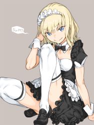 Rule 34 | 1girl, adjusting hair, apron, black bow, black bowtie, black dress, black footwear, blonde hair, blue eyes, bow, bowtie, breasts, detached collar, dress, female focus, frilled dress, frills, haimura kiyotaka, highres, leivinia birdway, loafers, looking at viewer, maid, maid headdress, medium hair, shoes, short sleeves, simple background, sitting, small breasts, smile, solo, speech bubble, thighhighs, thighs, toaru majutsu no index, toaru majutsu no index: imaginary fest, toaru majutsu no index: new testament, waist apron, wrist cuffs