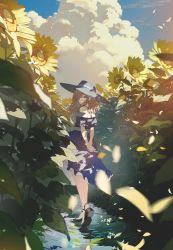 Rule 34 | 1girl, absurdres, arms behind back, bare shoulders, blonde hair, blue dress, blue eyes, blue hat, blue sky, bow, character request, cloud, cloudy sky, copyright request, dress, flower, hat, highres, looking at viewer, looking back, medium hair, outdoors, plant, sky, solo, sun hat, sundress, sunflower, sunflower petals, sutorora, water, wavy hair