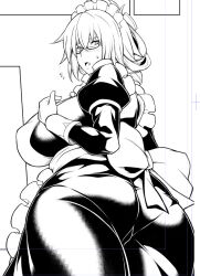 Rule 34 | 1girl, apron, ass, black dress, breasts, dress, fate/apocrypha, fate (series), frilled dress, frills, glasses, gluteal fold, greyscale, huge ass, huge breasts, isabelle romee (fate), large breasts, looking at viewer, looking back, maid, maid apron, maid headdress, mature female, monochrome, motherly, open mouth, sweat, sweatdrop, tanabe (studio tiamat), thick thighs, thighs, white background, wide hips