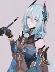Rule 34 | 1girl, aqua eyes, aqua hair, asa (1asa-0-asa1), black gloves, bodysuit, breasts, brown bodysuit, brown sleeves, chinese clothes, commentary, detached sleeves, feather hair, gloves, hanya (honkai: star rail), highres, holding, holding brush, holding paintbrush, honkai: star rail, honkai (series), leaning back, long hair, looking at viewer, medium breasts, paintbrush, parted lips, sidelocks, simple background, solo, symbol-only commentary, upper body