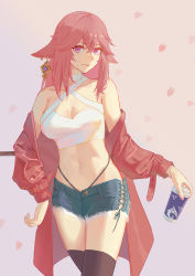 Rule 34 | 1girl, alternate costume, animal ears, bare shoulders, black thighhighs, breasts, choker, cleavage, coat, coffee cup, comet (user fjsa4577), commentary, cowboy shot, criss-cross halter, crop top, cup, cutoffs, denim, denim shorts, disposable cup, fox ears, genshin impact, gradient background, grey background, hair between eyes, halterneck, highres, holding, large breasts, long hair, long sleeves, looking at viewer, midriff, navel, off shoulder, open clothes, open coat, pink background, pink hair, purple eyes, red coat, short shorts, shorts, solo, standing, stomach, thighhighs, thighs, white choker, yae miko
