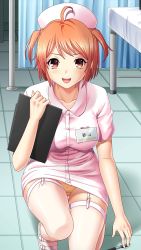Rule 34 | 1girl, :d, ahoge, breasts, brown hair, collarbone, doukyuusei another world, dress, game cg, garter straps, hat, holding, indoors, looking at viewer, medium breasts, nurse, nurse cap, official art, on one knee, open mouth, panties, pantyshot, pink dress, red eyes, sendou chika, short dress, short hair, short sleeves, smile, solo, thighhighs, two side up, underwear, white thighhighs, yellow panties