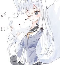 Rule 34 | 1girl, animal, animal ear fluff, animal ears, bad id, bad twitter id, black sailor collar, black skirt, blue jacket, blush, cat, commentary request, fox ears, fox girl, fox tail, grey hair, hair between eyes, highres, holding, holding animal, jacket, one eye closed, original, parted lips, pleated skirt, sailor collar, shirt, simple background, skirt, solo, tail, tail raised, tandohark, translation request, white background, white shirt, yellow neckwear