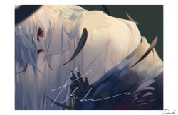 Rule 34 | 1girl, absurdres, bare shoulders, black jacket, blue hair, border, chromatic aberration, closed mouth, commentary, darah, expressionless, falling feathers, feathers, girls&#039; frontline, highres, jacket, long hair, looking at viewer, off shoulder, red eyes, scar, scar on back, signature, solo, thunder (girls&#039; frontline), upper body, white border
