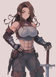 Rule 34 | 1girl, abs, armor, breasts, brown hair, commission, dagger, detached sleeves, greaves, grey background, grey eyes, highres, holding, holding sword, holding weapon, knife, long hair, looking at viewer, medium breasts, muscular, muscular female, original, pouch, scar, scar across eye, solo, standing, sword, warrior, weapon, zhvo