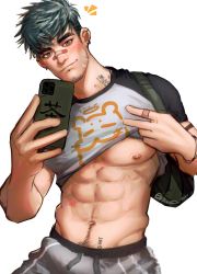 Rule 34 | 1boy, abs, bara, brown eyes, closed mouth, clothes lift, greenteaa, highres, looking at viewer, male focus, mature male, muscular, muscular male, navel, nipple piercing, nipples, original, piercing, shirt, shirt lift, short hair, smile, solo, spiked hair, thick eyebrows