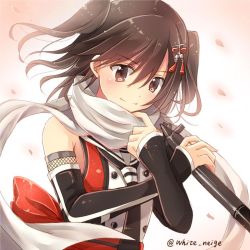Rule 34 | 10s, 1girl, brown eyes, brown hair, cherry blossoms, elbow gloves, gloves, gradient background, hair between eyes, hair ornament, holding, kantai collection, looking at viewer, scarf, sendai (kancolle), sendai kai ni (kancolle), serino itsuki, short hair, smile, solo, torpedo, twitter username, two side up, upper body, white scarf
