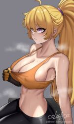 Rule 34 | 1girl, ahoge, black gloves, black pants, blonde hair, breasts, covered erect nipples, cslucaris, fingerless gloves, from side, gloves, grey background, high ponytail, highres, large breasts, midriff, navel, orange sports bra, pants, parted lips, ponytail, purple eyes, rwby, simple background, sitting, solo, sports bra, steaming body, stomach, strap gap, sweat, yang xiao long, yoga pants