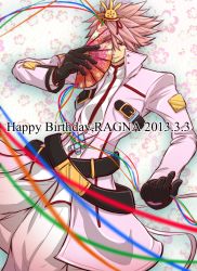 Rule 34 | 1boy, alternate color, arc system works, belt, black gloves, blazblue, folding fan, gloves, hakama, hakama skirt, hand fan, happy birthday, huge weapon, jacket, japanese clothes, male focus, multiple belts, pink hair, pink theme, ragna the bloodedge, red eyes, red jacket, ruuto (ruto3), scythe, short hair, silver hair, skirt, smile, solo, spiked hair, sword, weapon