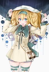 Rule 34 | 1girl, backpack, bag, bag charm, binoculars, blonde hair, blue eyes, blue hairband, charm (object), cowboy shot, dress, gambier bay (kancolle), hair between eyes, hairband, highres, holding, holding map, improvised umbrella, kantai collection, looking at viewer, lost child, map, map (object), open mouth, rain, sailor dress, solo, thighhighs, twintails, yunamaro