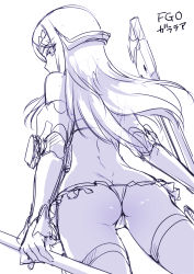 Rule 34 | 1girl, ass, back, bare shoulders, bikini, breasts, butt crack, elbow gloves, fate/grand order, fate (series), galatea (fate), gloves, highres, hisasi, joints, long hair, looking at viewer, looking back, medium breasts, parted bangs, polearm, purple theme, robot joints, sketch, solo, swimsuit, thighhighs, thighs, tiara, weapon