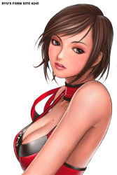 Rule 34 | 1girl, bare shoulders, black eyes, bob cut, breasts, brown hair, choker, cleavage, hinomoto reiko, large breasts, lips, lipstick, makeup, mole, mole on breast, rumble roses, ryu (ryu&#039;s form site), short hair, simple background, solo