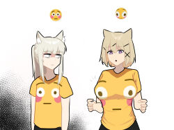 Rule 34 | 2girls, :o, alternate costume, animal ears, arknights, blonde hair, breasts, commentary, emoji, flushed face emoji, flushed face emoji shirt (meme), highres, hilarious, large breasts, long hair, looking at another, meme, multiple girls, platinum (arknights), shirt, short hair, tofudofu, upper body, utage (arknights), what, white background, white eyes, yellow shirt