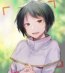 Rule 34 | 1girl, capelet, commentary request, fumi (rdbm), green eyes, green hair, high collar, highres, isoi rai, jewelry, long sleeves, open mouth, ring, saibou shinkyoku, shirt, short hair, smile, solo, upper body, viewfinder, white capelet, white shirt