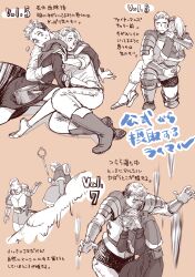 Rule 34 | 1boy, 1girl, absurdres, armor, bandaged arm, bandages, beckoning, belt pouch, boots, braid, capelet, carrying, chainmail, child carry, cooking pot, crown braid, cucumber, cucumber slice, dungeon meshi, elf, food, food on face, food on head, gorget, hand on another&#039;s shoulder, hands on own head, highres, holding, holding staff, hood, hood down, hooded capelet, hug, icicle, injury, laios touden, leaning forward, long hair, long sleeves, marcille donato, messy hair, monochrome, motion blur, multiple views, object on head, on ground, on one knee, outstretched arms, pants, pauldrons, plate armor, pointy ears, ponytail, pouch, reaching, robe, sandals, shoe soles, short hair, shoulder armor, simple background, sitting, snow, staff, surprised, sword, vambraces, weapon, zukka