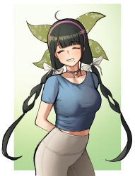 Rule 34 | 1girl, absurdres, ahoge, alternate costume, arms behind back, black hair, blunt bangs, blush, bow, braid, breasts, chabashira tenko, choker, closed eyes, collarbone, commentary request, cowboy shot, danganronpa (series), danganronpa v3: killing harmony, floral print, gradient background, green background, grin, hair bow, hair ornament, hairband, highres, large breasts, long hair, mole, mole under mouth, pink choker, pink hairband, school uniform, seongkun (agn000), short sleeves, skirt, smile, solo, twin braids, twintails, white background