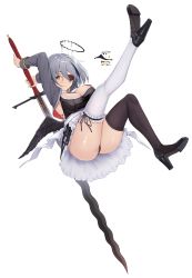 Rule 34 | 1girl, absurdres, arms behind head, arms up, ass, asymmetrical legwear, black footwear, black hair, black nails, black thighhighs, breasts, cleavage, closed mouth, expressionless, eyepatch, grey hair, high heels, highres, holding, holding sword, holding weapon, large breasts, looking at viewer, mismatched legwear, multicolored hair, nail polish, original, short hair, solo, streaked hair, sword, tapioka (oekakitapioka), thighhighs, weapon, white thighhighs, yellow eyes