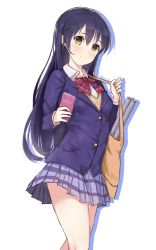 Rule 34 | 10s, 1girl, bag, blazer, blue hair, blue skirt, blush, bow, cellphone, closed mouth, cowboy shot, hair between eyes, highres, holding, i.f.s.f, jacket, long hair, long sleeves, looking at viewer, love live!, love live! school idol project, outline, phone, red bow, school uniform, simple background, skirt, smartphone, smile, solo, sonoda umi, standing, twitter username, white background, yellow eyes
