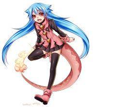 Rule 34 | 1girl, :d, black skirt, black thighhighs, blue hair, blush, dated, fang, fiery tail, flame-tipped tail, full body, hair flaps, konshin, leaning forward, long hair, long sleeves, looking at viewer, open mouth, original, pink footwear, pleated skirt, red eyes, salamander tail, shoes, signature, simple background, skirt, slit pupils, smile, solo, standing, standing on one leg, tail, thighhighs, very long hair, white background