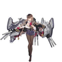 1girl anti-aircraft anti-aircraft_gun artist_request blonde_hair blue_skirt breasts buttons cleavage double-breasted gloves hair_ornament high_heels highres holding iowa_(warship_girls_r) jacket large_breasts long_hair looking_at_viewer military_jacket miniskirt official_art pantyhose red_eyes red_gloves rigging skirt smile solo standing transparent_background very_long_hair warship_girls_r